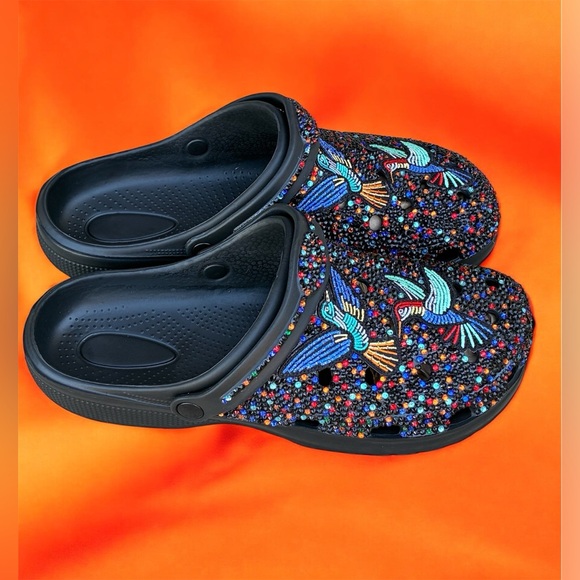 Black Jeweled Clog Slides with Colorful Hummingbird Embroidery - Picture 2 of 4